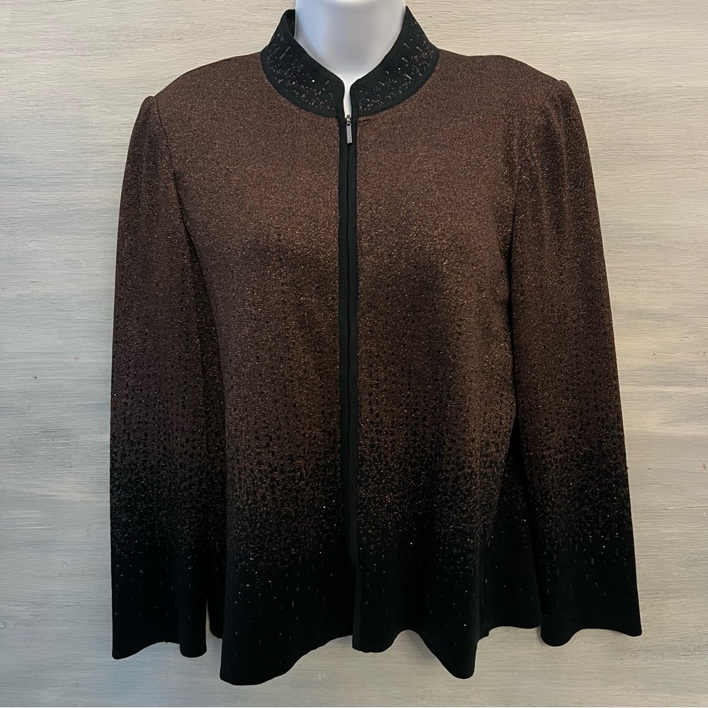 Ming Wang‎ Ombré Bronze Black Beaded Zip Knit Jacket Size Medium Like New